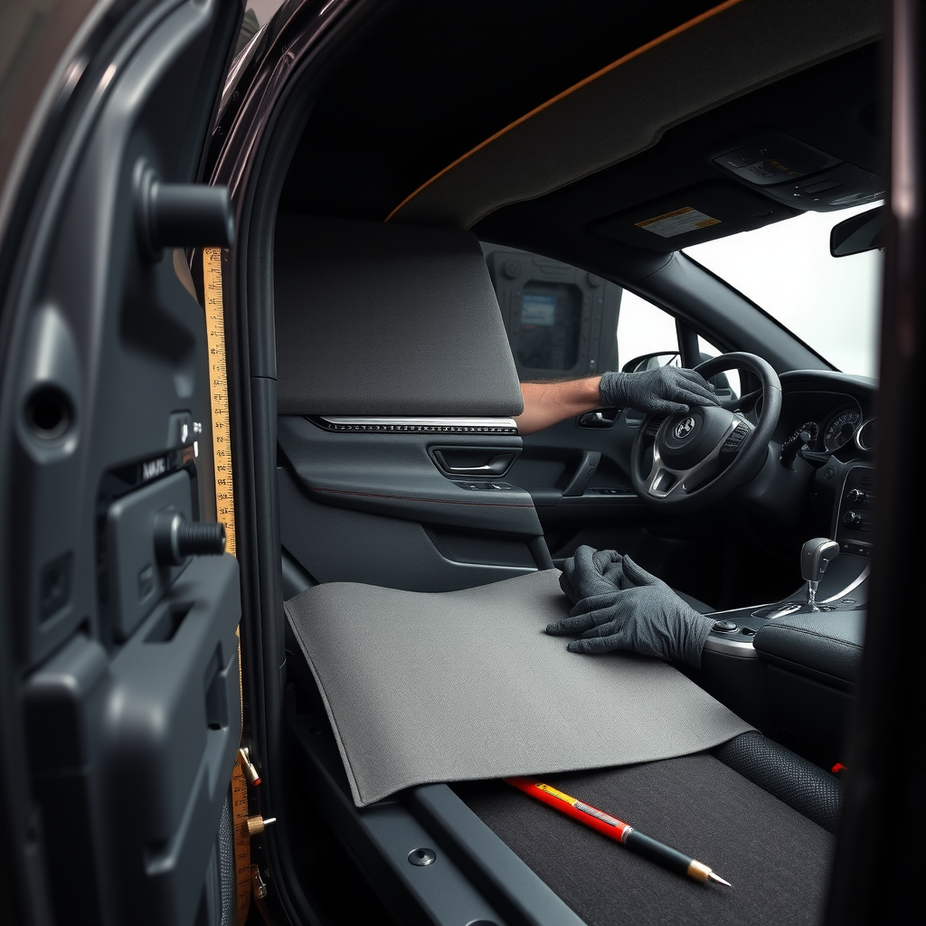 最新の防音材料を使用したカーオーディオシステムのインストール作業。高性能な複合材料が車内のドアパネルとフロアに丁寧に施工されている様子。プロフェッショナルな作業環境で、測定機器とツールが整然と配置されている