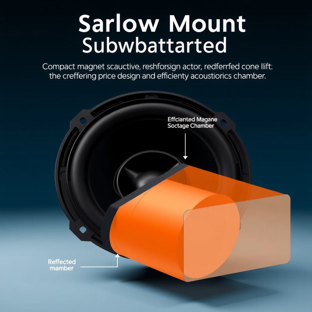 シャローマウントサブウーファーの断面図、コンパクトなマグネット構造、強化されたコーン設計、効率的な音響チャンバーを示す技術図解