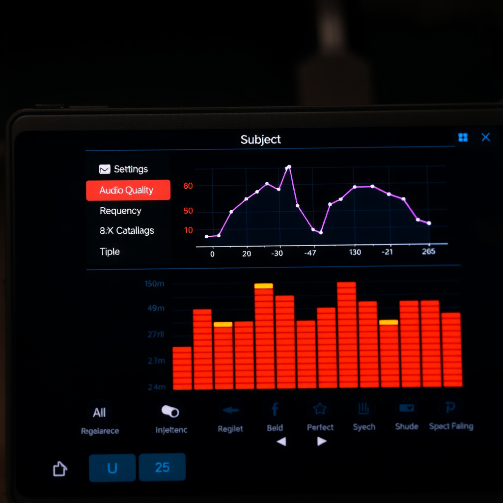 オーディオ品質設定画面とグラフィックイコライザーのディスプレイ、周波数特性グラフと各種調整パラメーターが表示されている