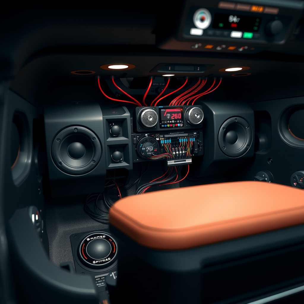 車内のスピーカー配置と配線を示す詳細なオーディオコンポーネントレイアウト図