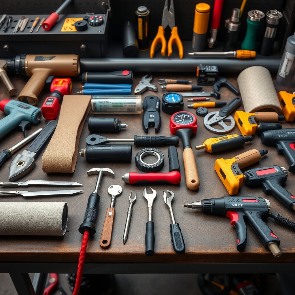 プロフェッショナルなデッドニング施工に使用される専門工具一式。精密なローラー、ヒートガン、カッティングツール、測定機器などが整然と並べられた作業台。各工具の用途と重要性を示す詳細な配置写真