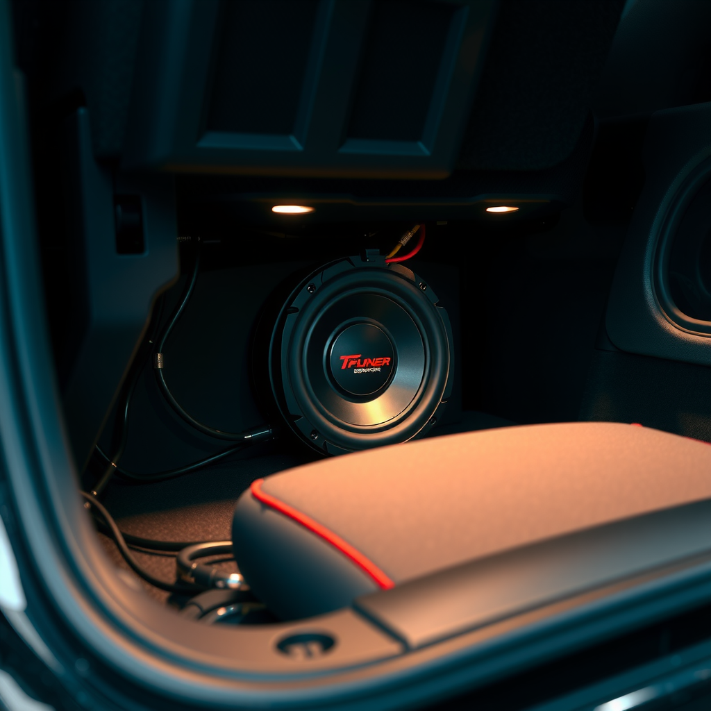 車両のフロントシート下に設置されたパワードサブウーファー、配線接続と固定方法を示す詳細な設置写真