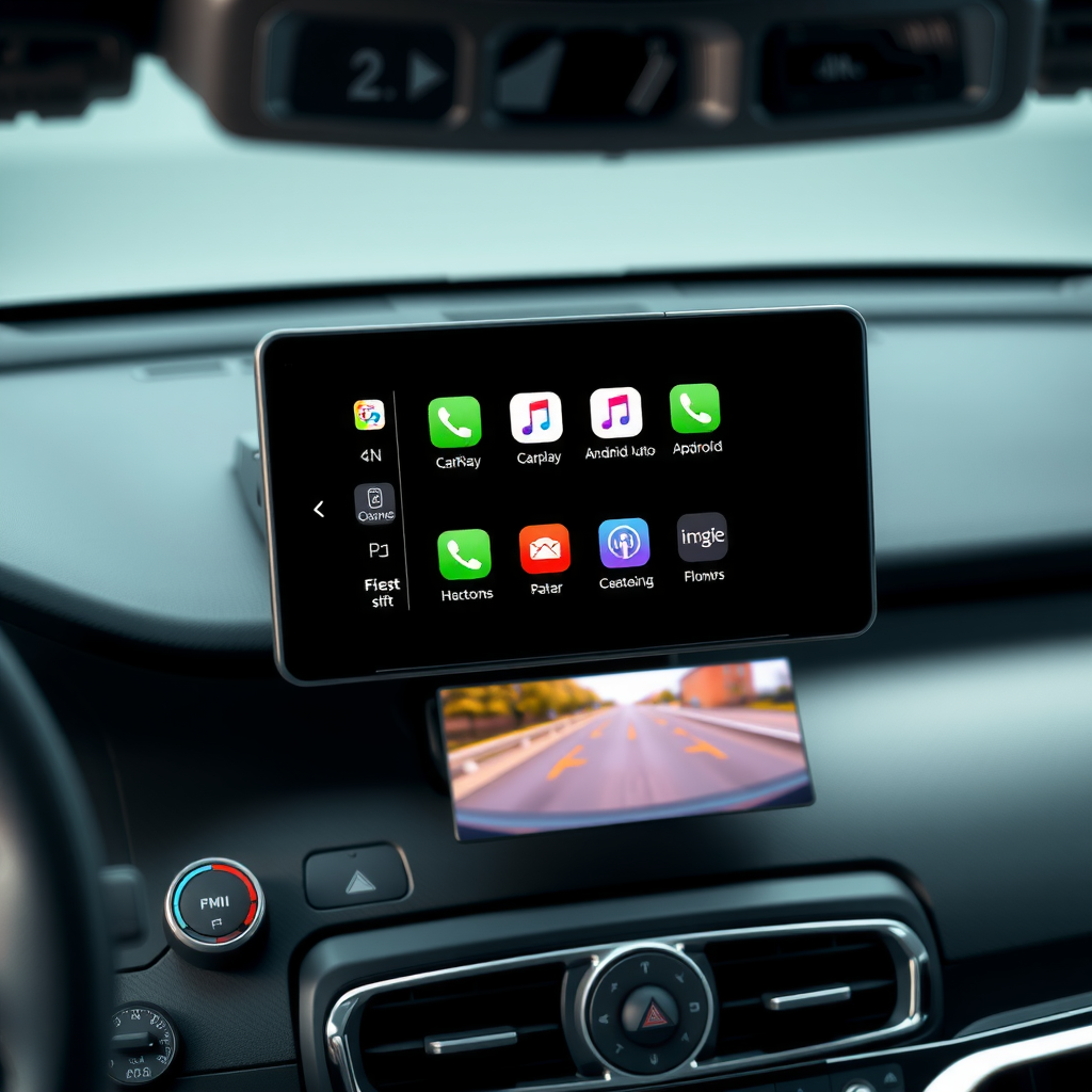 Modern touchscreen head unit with Apple CarPlay and Android Auto interface installed in car dashboard with custom dash kit and backup camera display