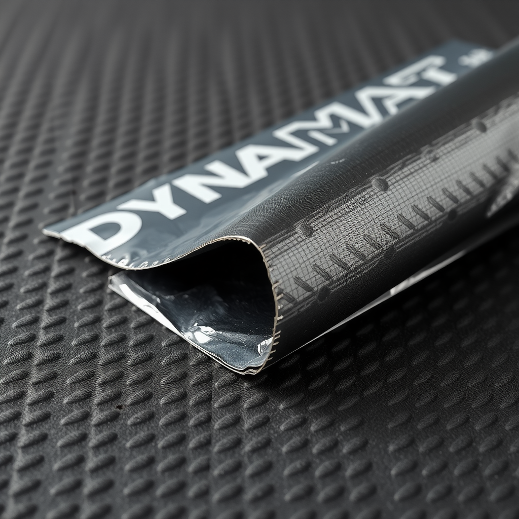 Dynamat制振材の詳細なクローズアップ写真。ブチルゴム層とアルミニウム箔の複合構造が明確に見える断面図。表面のエンボス加工と粘着層の品質を示す高解像度マクロ撮影。材料の厚みと密度が視覚的に理解できる詳細画像