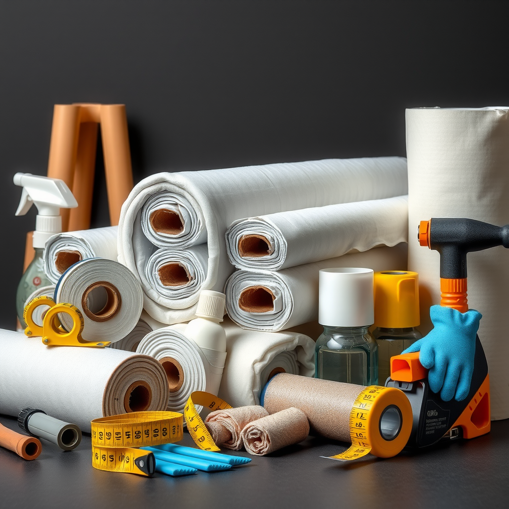 DIY防音施工に必要な工具と材料のセット。防音材料のロール、専用カッター、圧着ローラー、測定テープ、清掃用品、保護手袋などが整然と配置されている。初心者でも取り組みやすい環境が表現されている