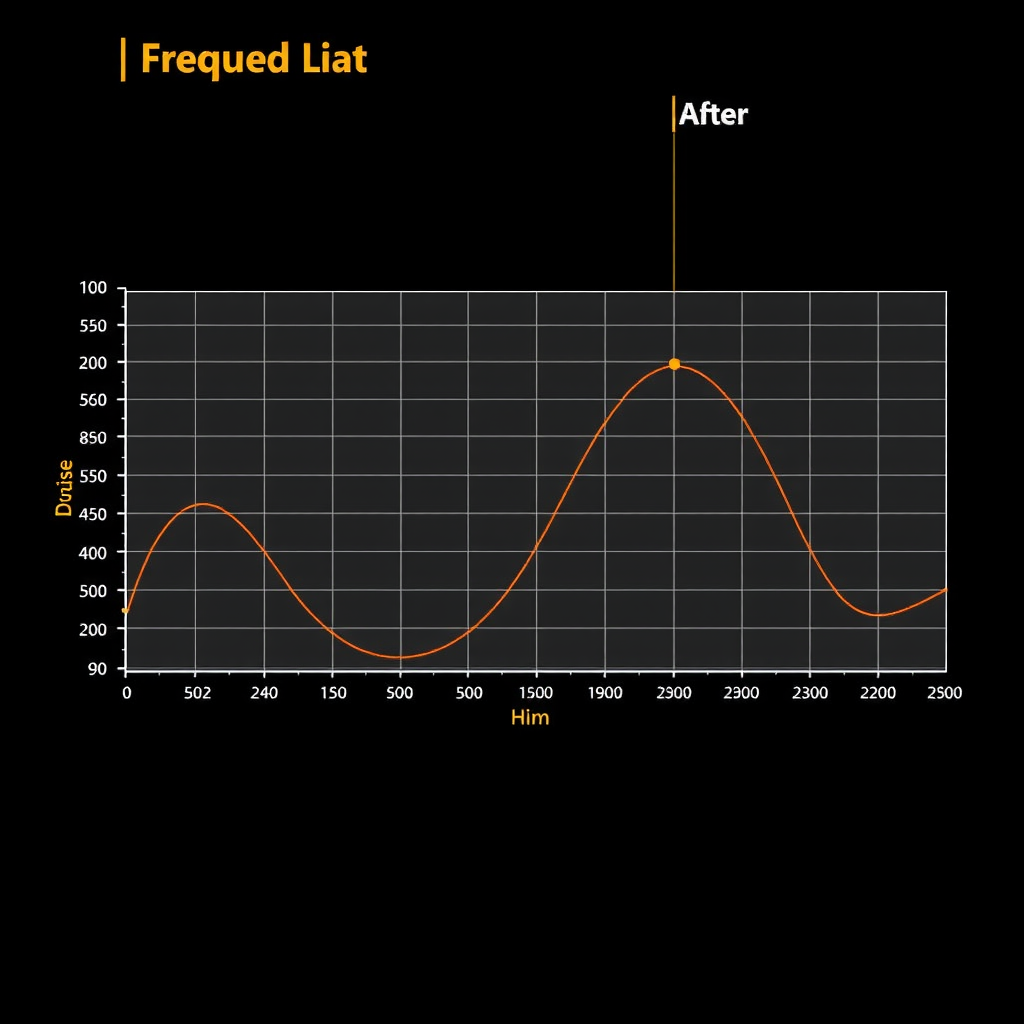 デッドニング施工による音質改善を示す周波数特性グラフ。低音域から高音域まで、施工前後の音圧レベルと歪み率の変化を詳細に表示。特に低音域での大幅な改善と、全帯域でのノイズフロア低減を視覚的に示す専門的な測定データグラフ