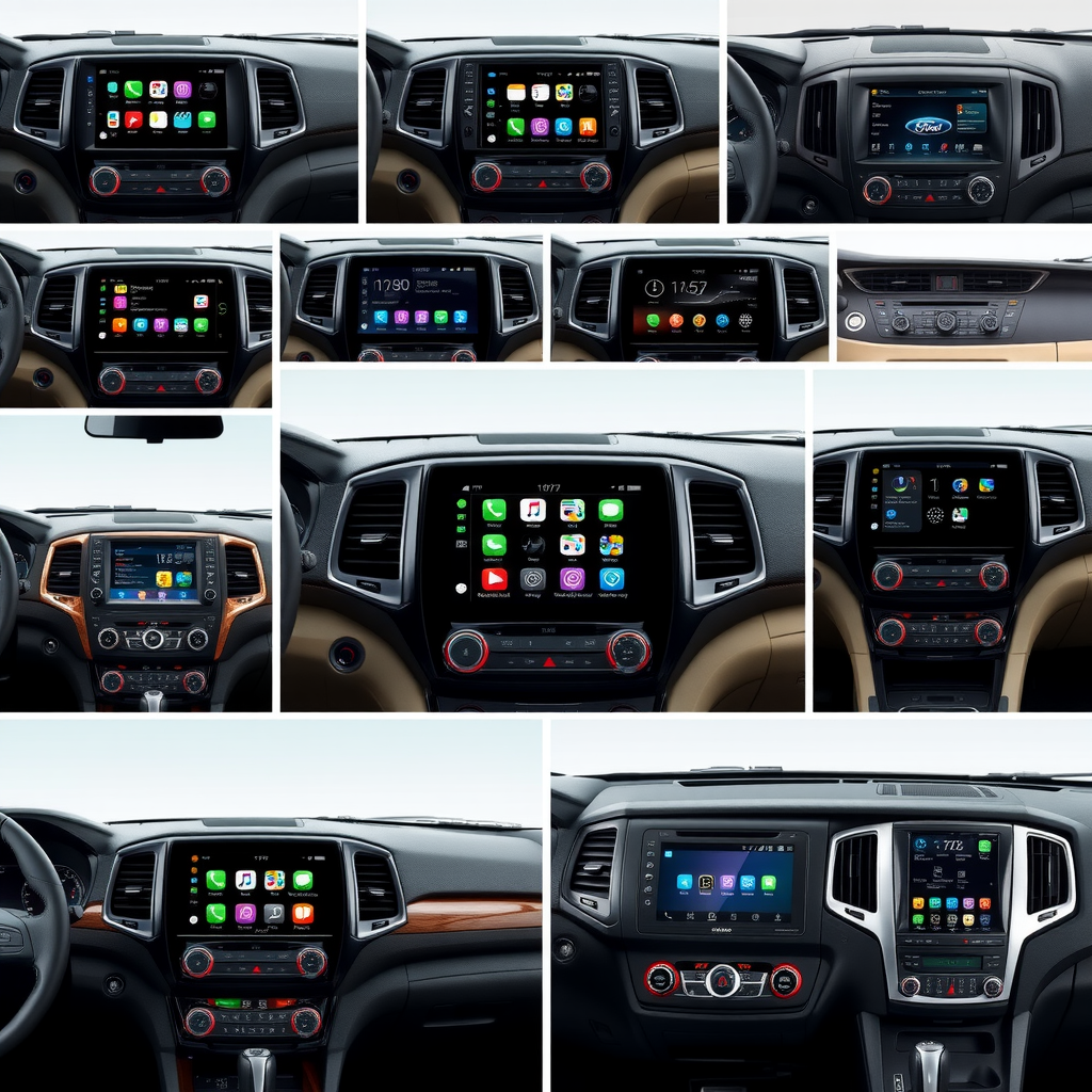 様々な年式とメーカーの車両に取り付けられたタッチスクリーンヘッドユニットのコラージュ、国産車と輸入車の両方を含む