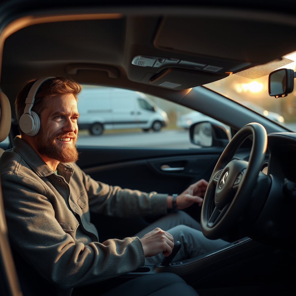 デッドニング施工完了後の理想的な車内音響環境。高品質なオーディオシステムから流れる音楽を、静粛で快適な空間で楽しむドライバーの満足した表情。車内の各所に施工されたデッドニング材が、完璧な音響空間を作り出している様子を示す総合的なイメージ写真